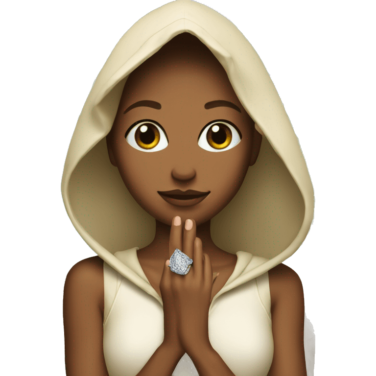 girl in hood under palm tree and engagement ring emoji