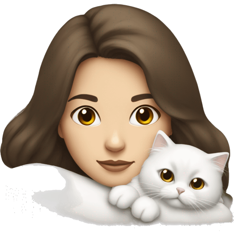 Brunette woman snuggling white Persian cat emoji