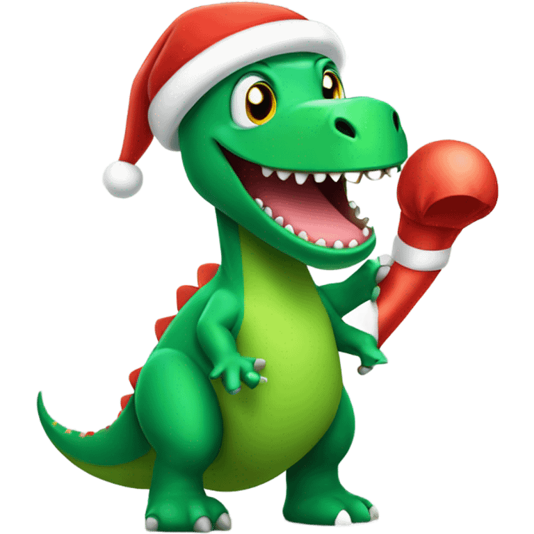 happy green dino wearing santa hat emoji