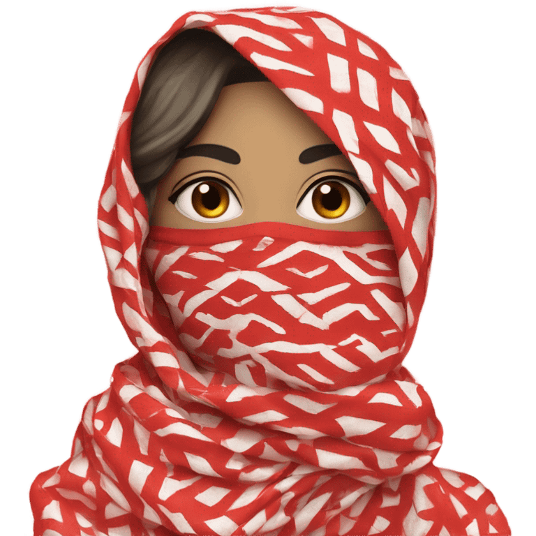 Woman wearing red and white patterned kuffiyeh covering mouth hand covering mouth emoji