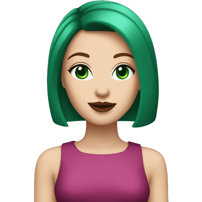 A fair skinned white girl with a dark red bob haircut wearing pink lipstick and has emerald green eyes emoji