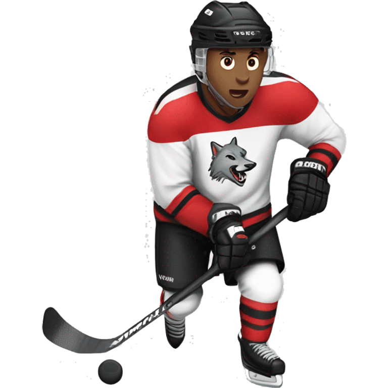 A wolf hockey player in a white red and black uniform holds a puck emoji