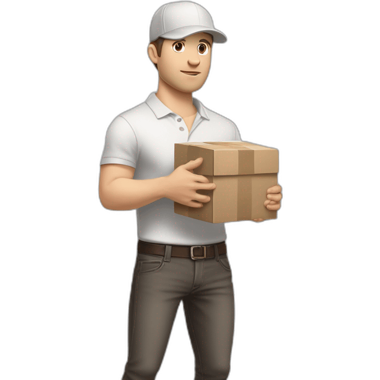 Pale skinned fit Man with dark brown hair in a light gray cap, dark brown jeans, brown polo and white T-shirt keeping a pasted with tape white box into his hands emoji