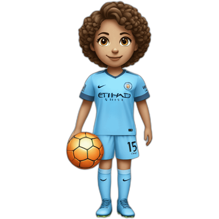 girl with short curly brown hair and eyes wearing Manchester City football shirt, fluro orange soccer boots, number 15, standing with a soccer ball emoji