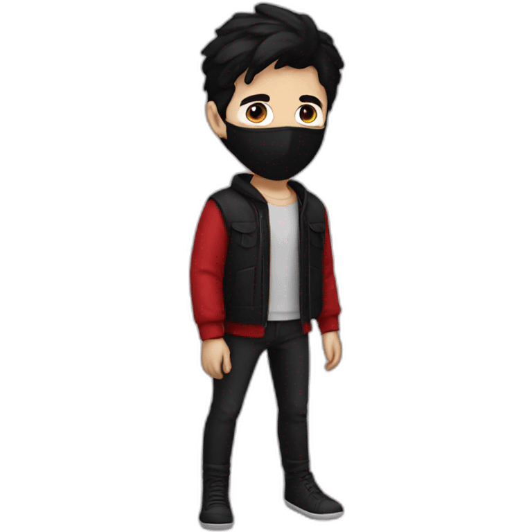 young white man with black hair wearing a black mask and red clothes emoji