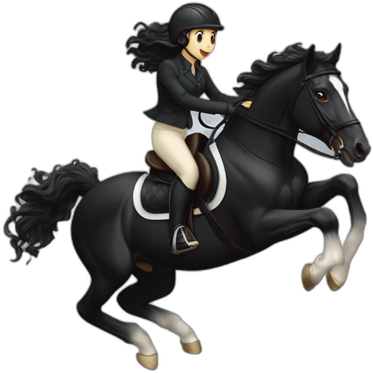 a  JET BLACK HORSE JUMPING AN OBTACLE, tHE HORSES RIDER IS A YOUNG FEMALE WITH LONG CURLY BRUNNET HAIR emoji