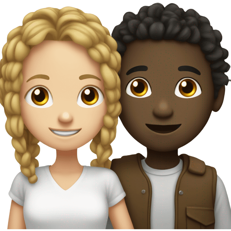  black smiling boy with dreadlocks hugging a white girl with brunette hair and big eyes emoji