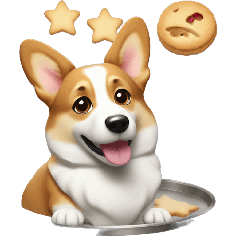 Welsh corgi baking cookies, with flour on its nose and a tray of star-shaped treats emoji