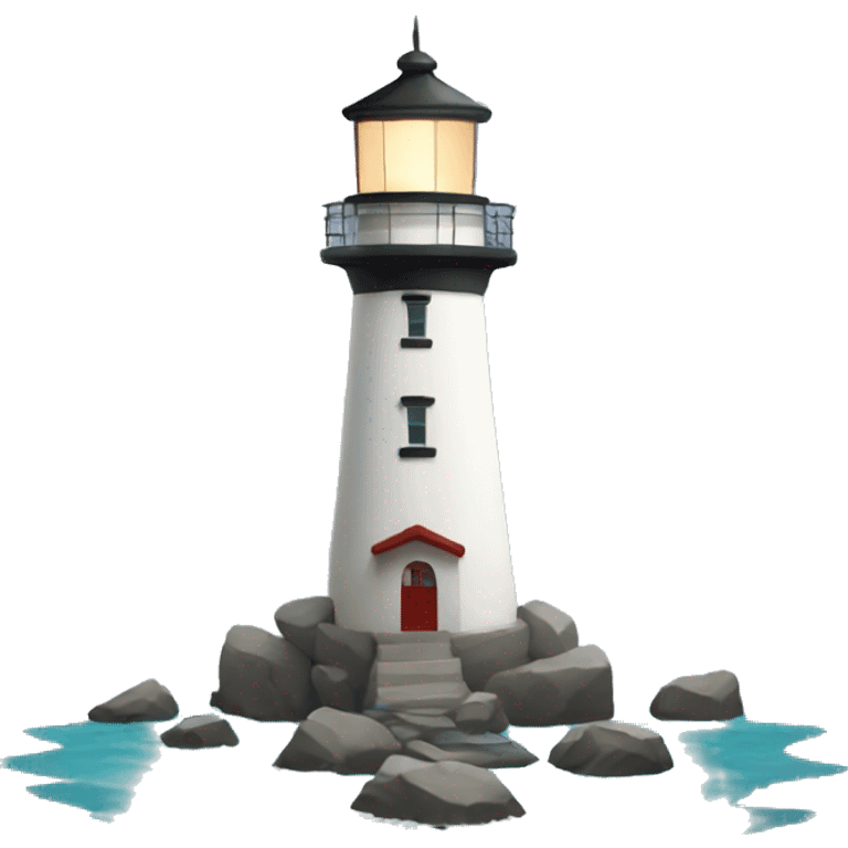 Lighthouse surrounded by rocks and water emoji