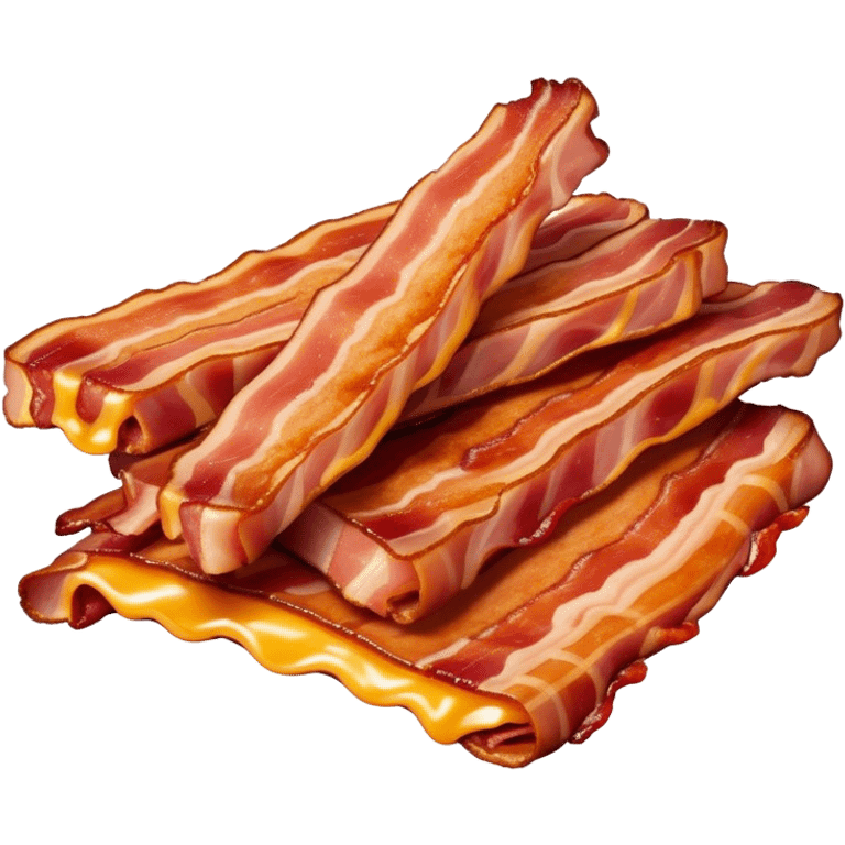 Cinematic crispy sizzling bacon, slightly curled, golden-brown with a perfect crunch, glistening with rich flavor, deep warm tones, served on a breakfast plate, comforting and indulgent. emoji