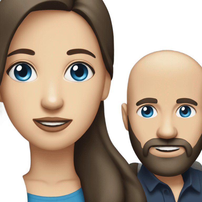 dark brown haired woman with blue eyes phoning bald man with beard emoji