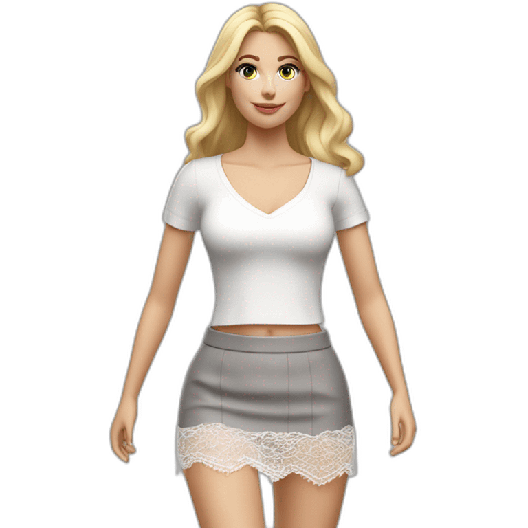 hyperrealistic caucasian long blonde woman white v-neck lace top gray tight mini skirt walking to camera emoji