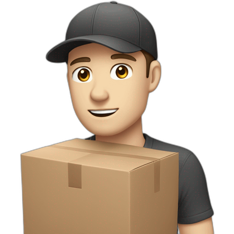 Pale skinned fit Man with dark brown hair in a black cap, gray jeans and brown polo T-shirt keeping a pasted with tape white box into his hands emoji