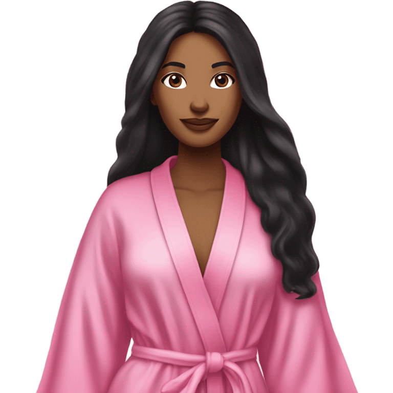 Mixed raced woman with long black hair wearing a silk pink Victoria’s Secret robe emoji