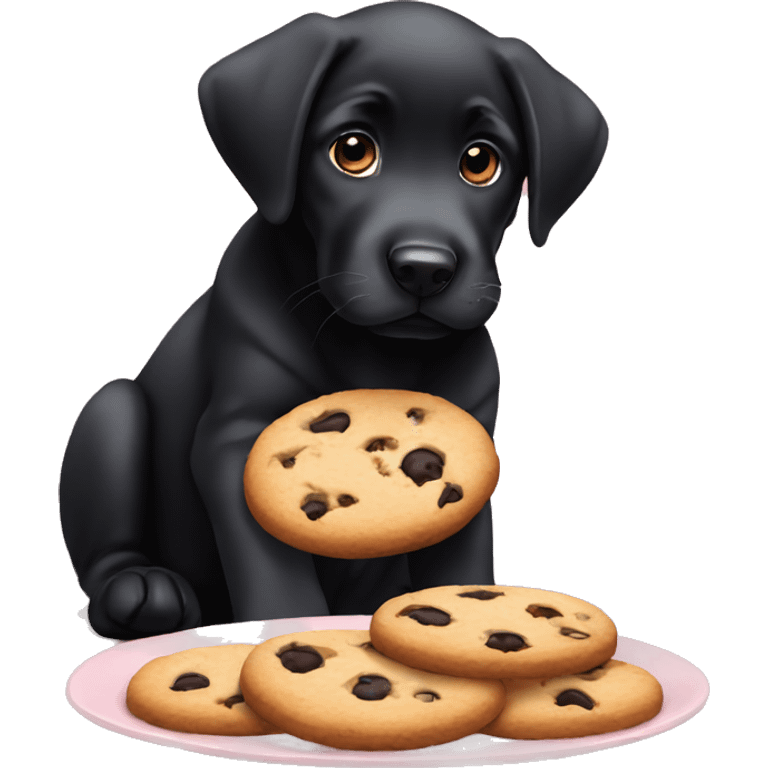 sweet black labrador puppy with big eyes eats a cookie emoji