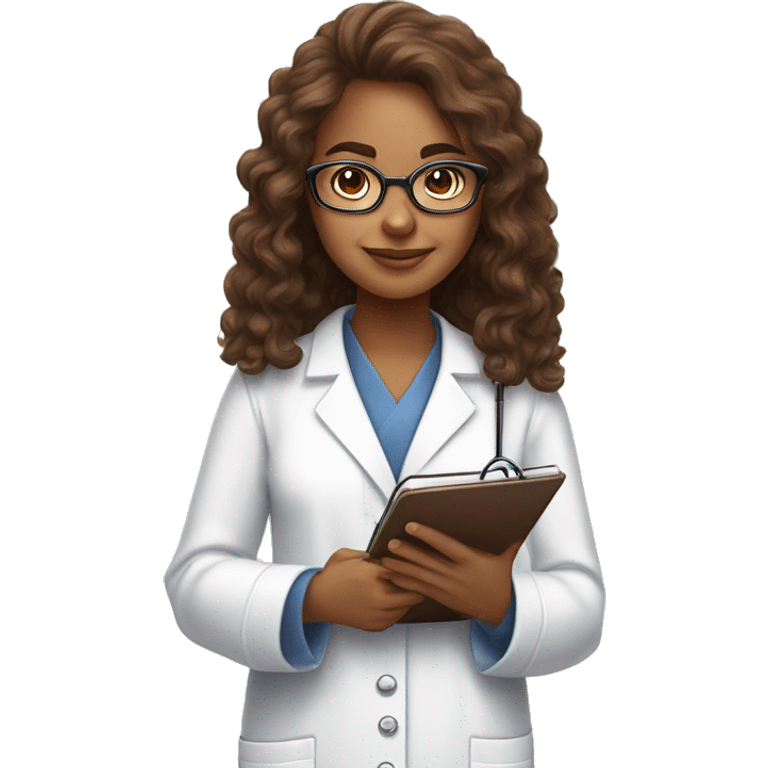 Administrator of the reproductive health office, a girl, with brown fluffy hair, wearing glasses with notebooks and a phone in her hands. In a white medical gown emoji