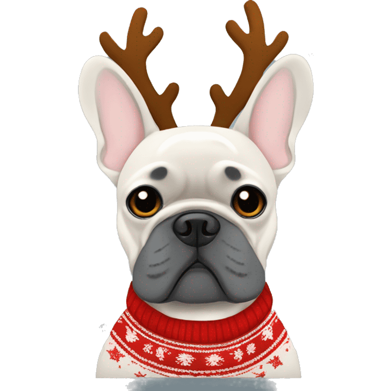 Grey French bulldog wearing a Christmas sweater with reindeer antlers  emoji