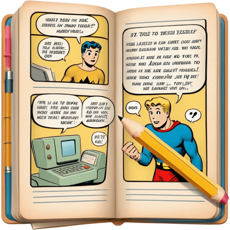 Create a detailed emoji representing the process of writing texts for comic books. The design should feature a large, open comic book with vintage comic strips visible on its pages. A pencil should be shown writing text on one of the comic panels, but without a hand. The pencil should appear as though it is actively creating the dialogue or narration. Use a classic color palette with muted tones for the comic book and brighter accents on the pencil to draw attention to the writing process. Do not include any emojis or smiley faces. Make the background transparent. emoji