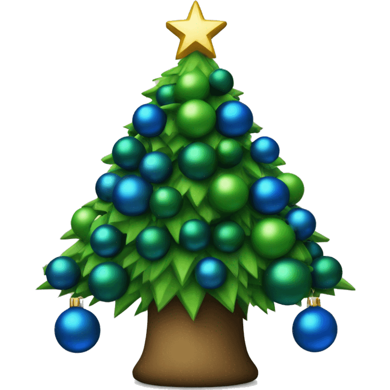 Christmas tree decorated with blue and green balls, with an black oil symbol on the star emoji