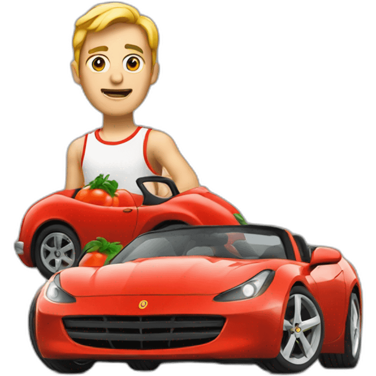 man with tomato face driving a sports car emoji