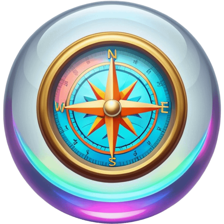 A glowing holographic compass with vibrant neon colors, inside a crystal-clear floating sphere emoji