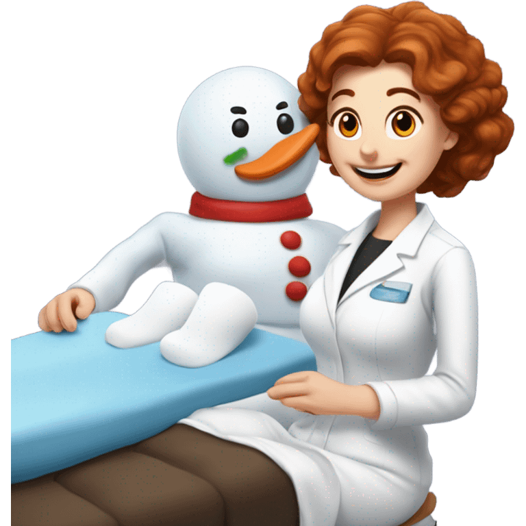 A hot snowman with a mustache giving a hot Auburn haired Scientist a back rub using a massage table ￼ emoji