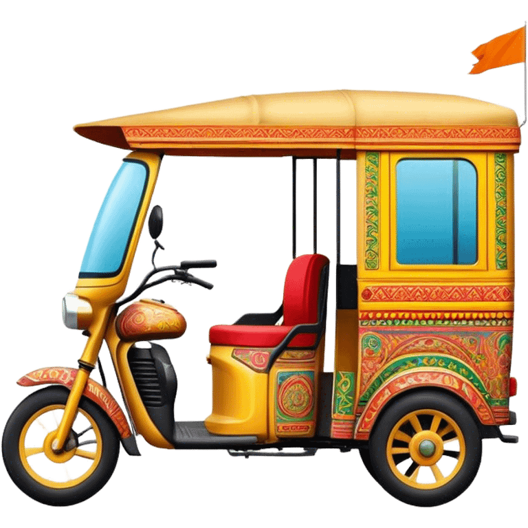 Cinematic Realistic Indian Auto Rickshaw Emoji, depicted as a colorful, bustling auto rickshaw with intricate designs and vibrant hues, rendered with lively textures and dynamic urban lighting that captures its quintessential presence in Indian cities. emoji