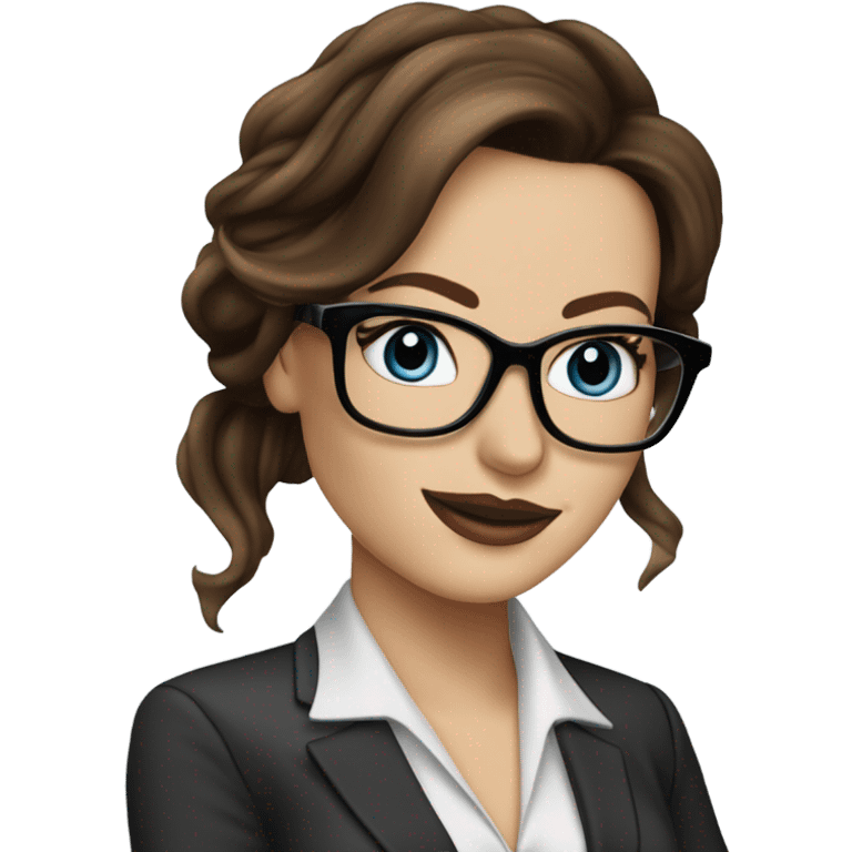 Realistic Kate Beckinsale blue eyes wearing glasses in a business dress drinking coffee  emoji