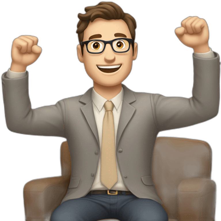 Joyful Celebrating victory Hands up Pale skinned Fit Man With dark brown hair in gray jacket, beige office shirt, Brown pants and vintage glasses sitting In a soft chair emoji