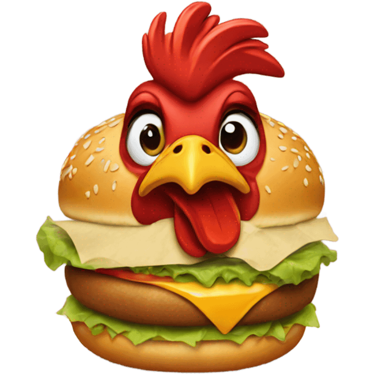 red rooster eating a burger emoji