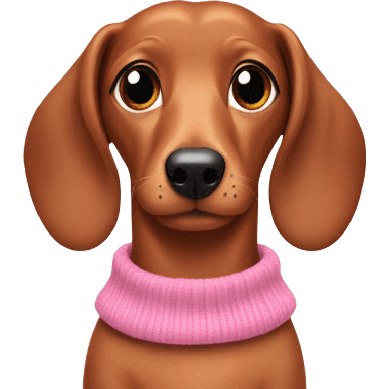 Light brown sausage dog wearing a pink sweater that says Neeharika emoji