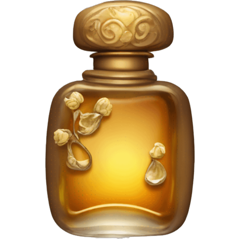 An antique perfume bottle with oil made of bronze and brown crystals, from which white cream and coffee milk flow, yellow flowers of fragrant vanilla lie next to it emoji