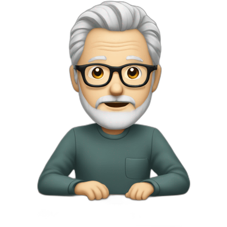 old man with grey hair and beard and glasses sitting at a desktop with 3 monitors emoji