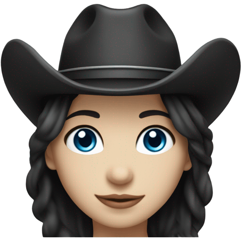 Blue eyes, cowgirl, pale skin, black hair, black cowgirl hat emoji