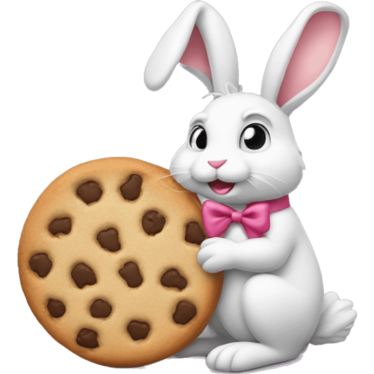 Rabbit is sitting and wearing bow eating cookie emoji