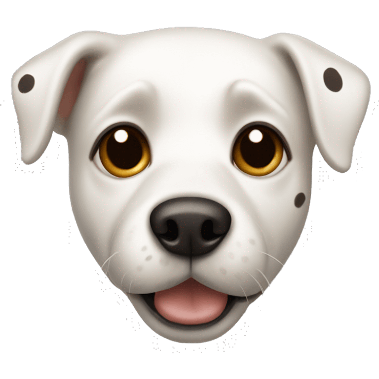 White dog with brown and black spots with one brown spot around left eye emoji