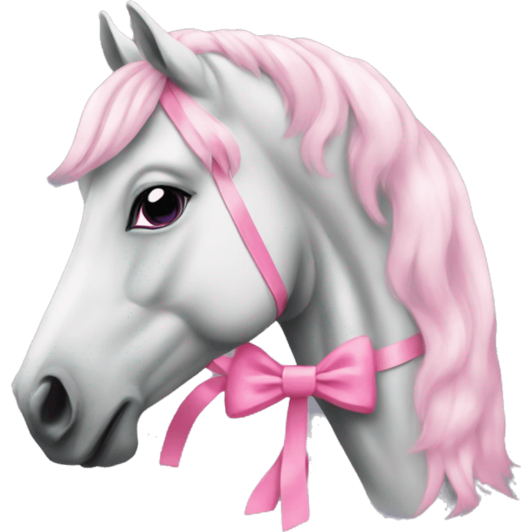 a white greyish horse with a pink bow in his mane emoji