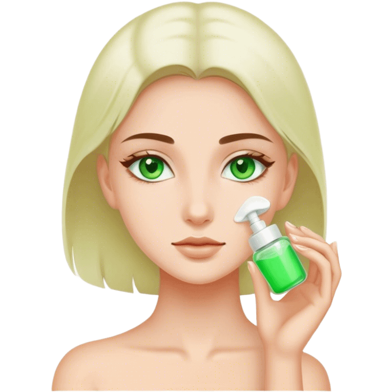 White girl doing skin care green eyes emoji