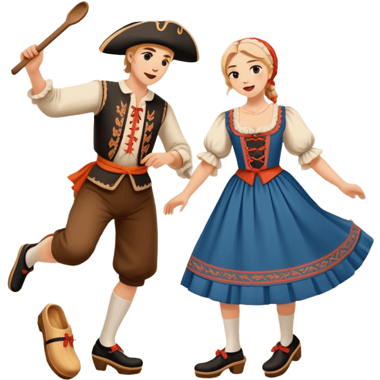 Cinematic Realistic scene of two performers executing the Klompendans, dressed in traditional Dutch costumes complete with wooden clogs and detailed folk patterns, captured in lively motion with soft, natural lighting emoji