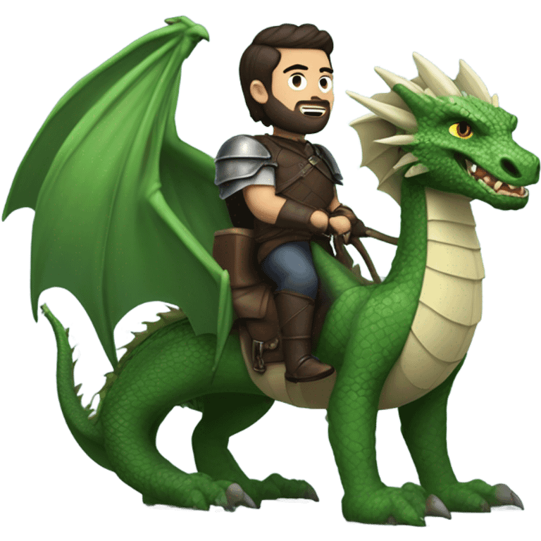 Determined armored White Man with dark brown pompadour hair and a short beard riding on the back of a giant green dragon emoji