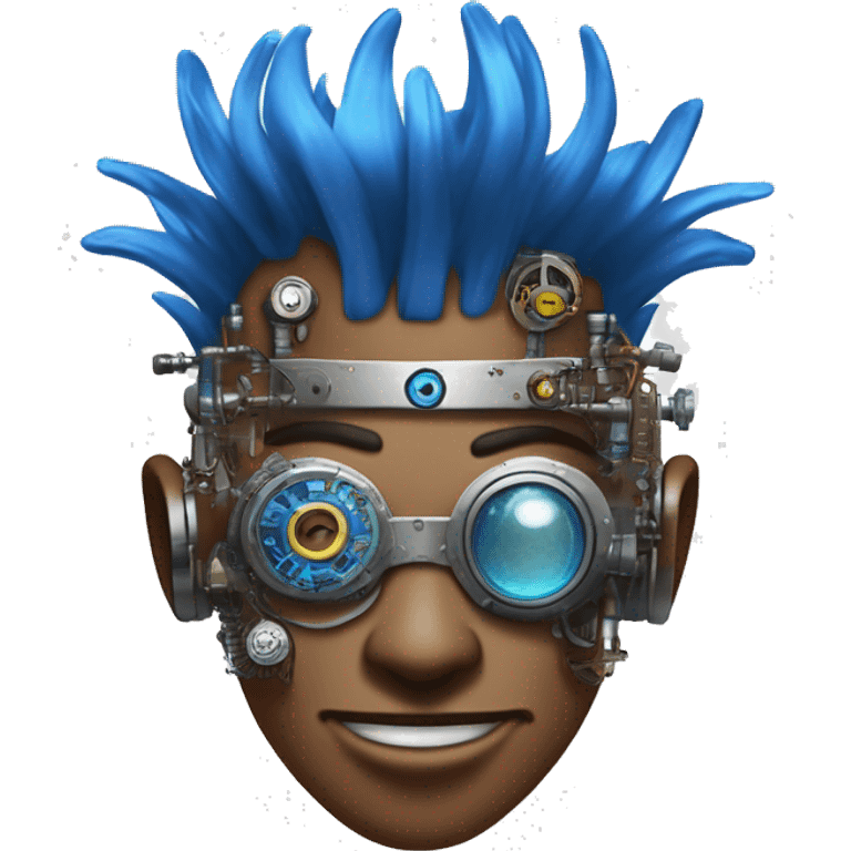 Brown cyborg head with blue Mohawk, blue beard, silver steampunk monocle goggles a smile and circuits emoji