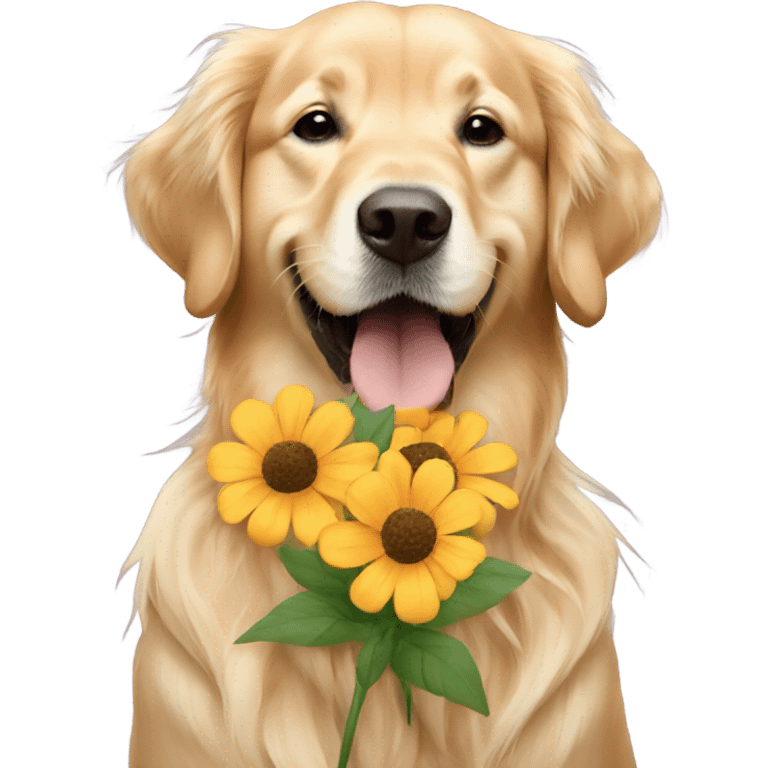 Golden retriever holding flowers in mouth emoji