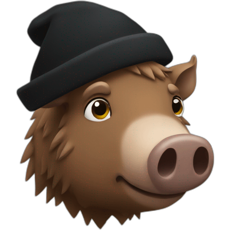 Really sad brown boar in a black winter hat emoji