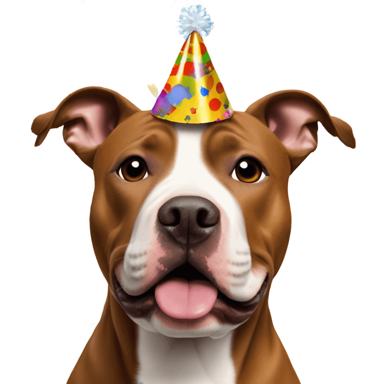 Cinnamon Brown Pit bull terrier with a party hat on its head and confetti in background  emoji