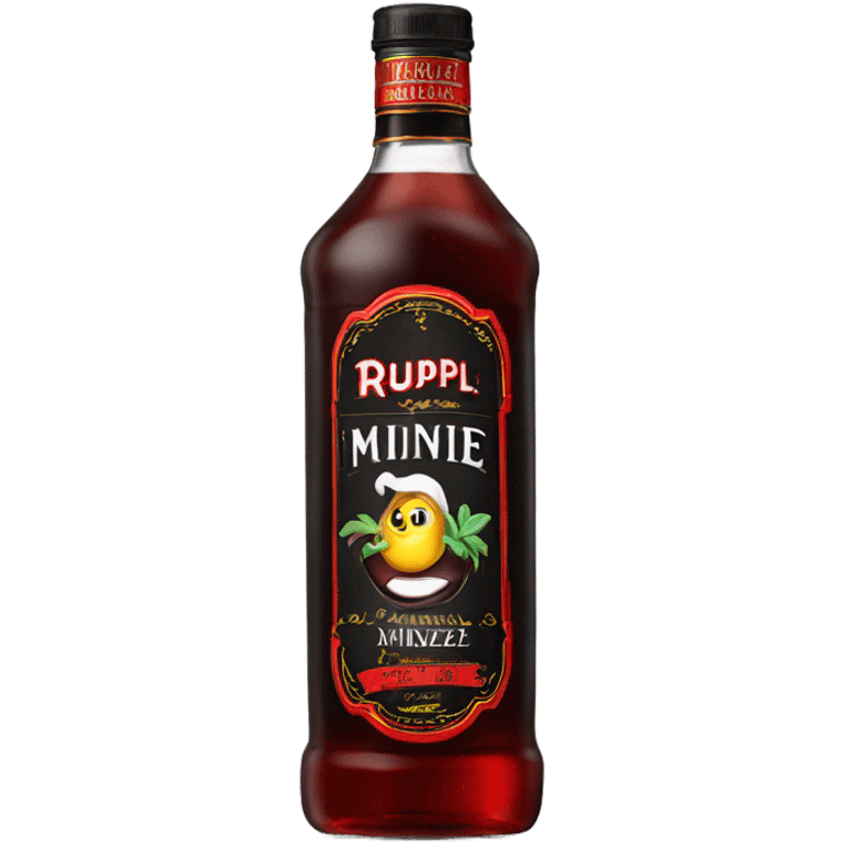 Tall clear bottle of rumple minze alcohol with black and red label emoji