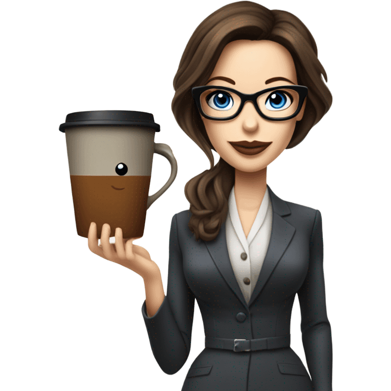 Realistic Kate Beckinsale blue eyes wearing glasses in a business dress drinking a cup of tea  emoji