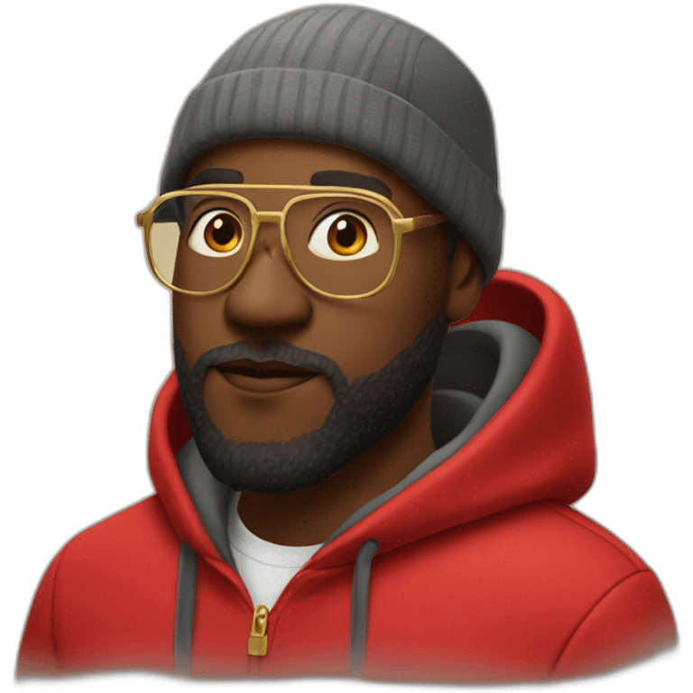 black man with beard, red hoodie on head, and gold framed glasses emoji