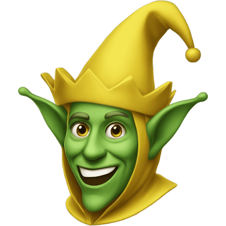 A yellow medieval jester who is wearing green emoji