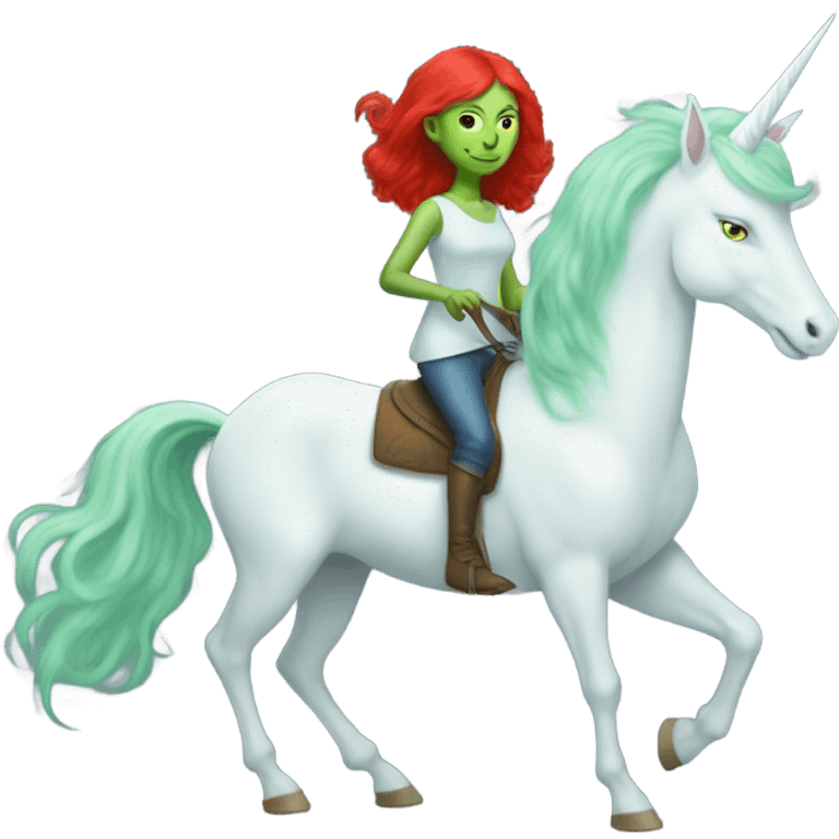 [politically incorrect
	{ woman: alien, color: light green, hair:red, eyes:cat} ]
	on a 
	[{ unicorn: white, legged:four, mane: light blue }] emoji