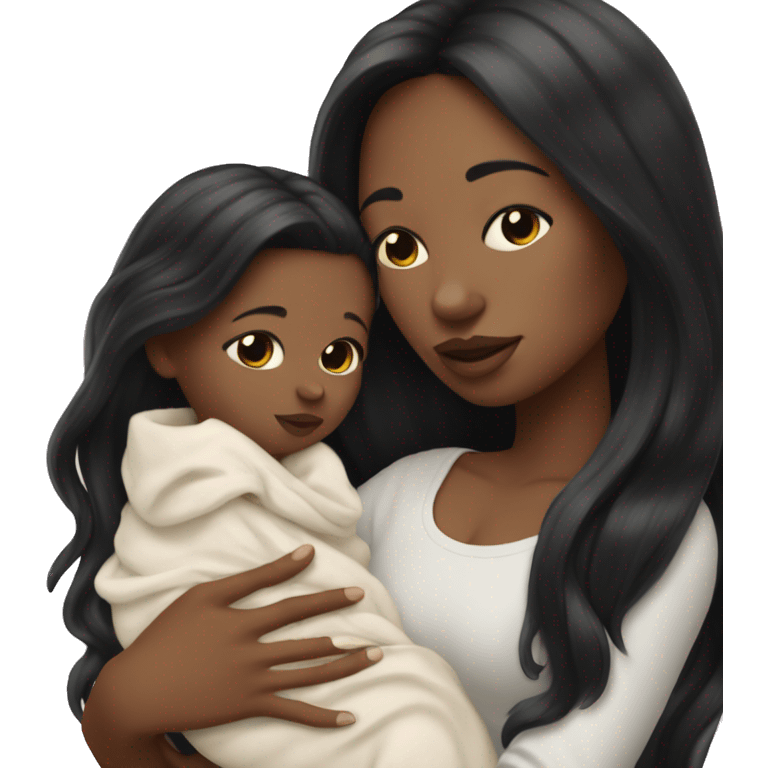 Pale girl with long black hair is holding a pale newborn baby emoji